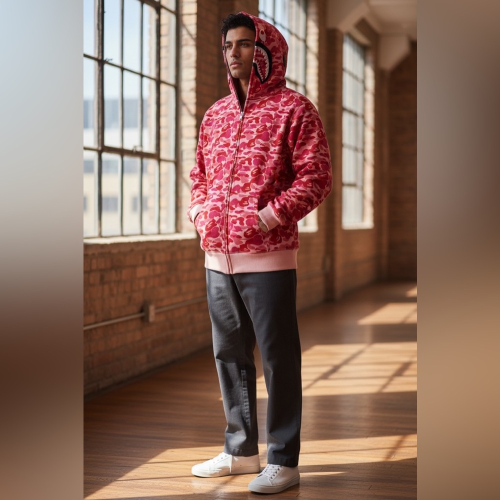 BAPE A Bathing Ape Pink Red Camo Shark Full Zip Hoodie Size Small